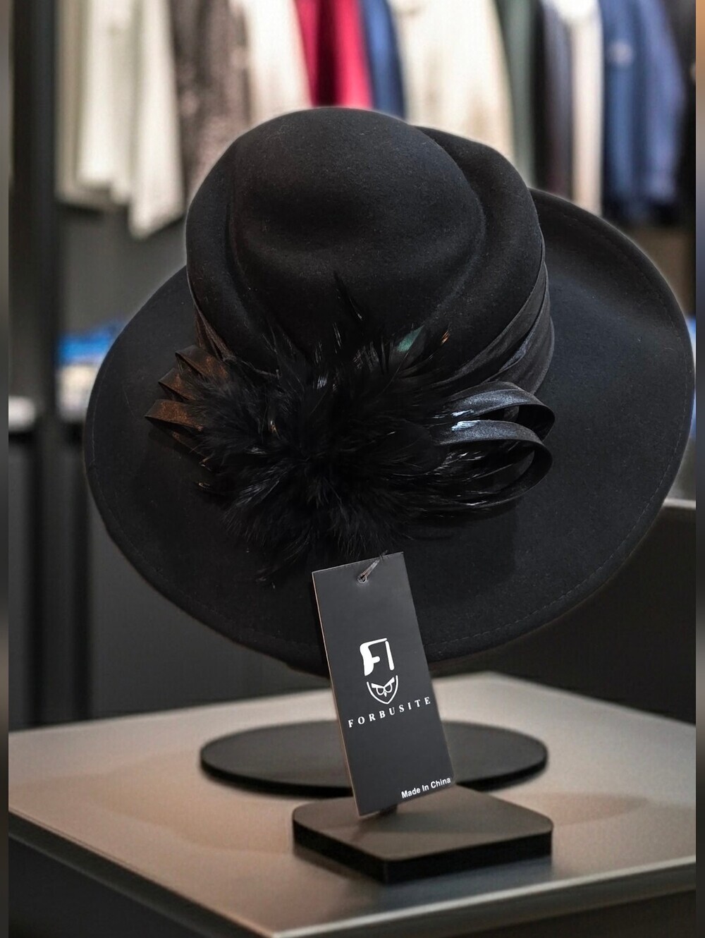 Forbusite Black 100% Wool Felt Wide Brim Dress Hat - Feather & Satin Accents
